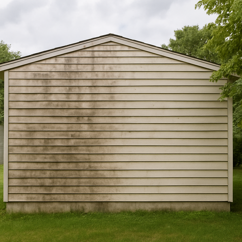 Dirty vinyl siding before power washing